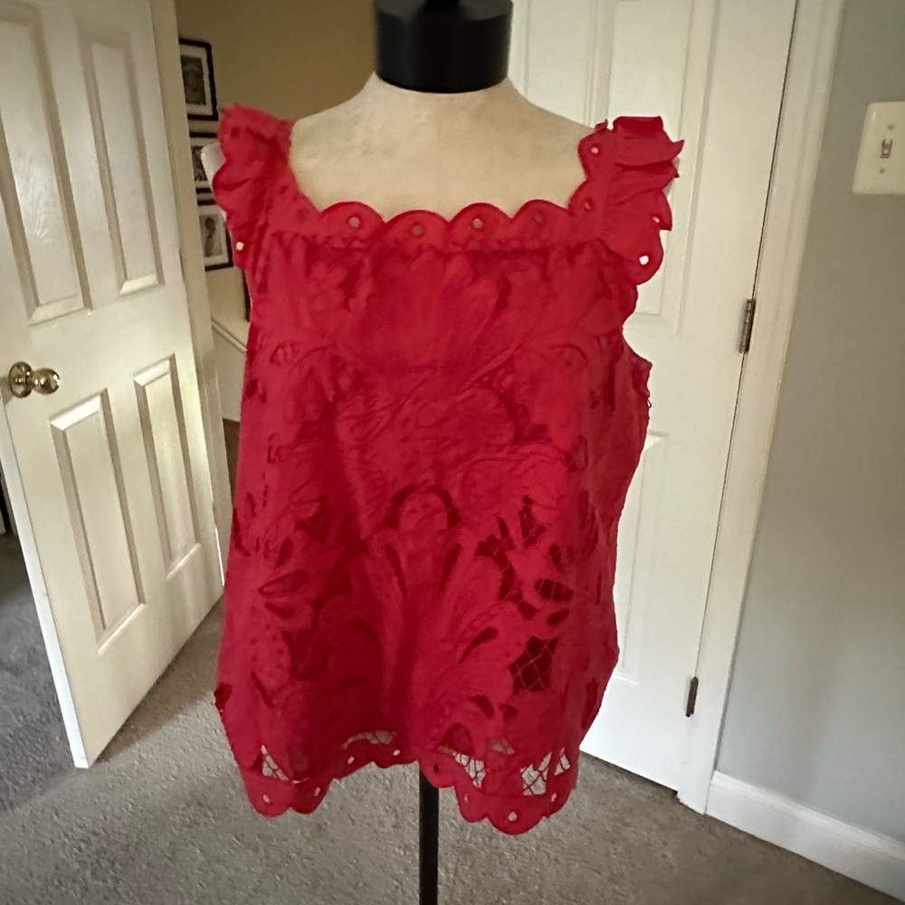 Anthropologie Red Sleeveless Ruffled Blouse